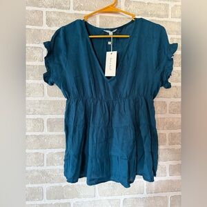 Elegant Deep Blue Ruffle Sleeve Blouse